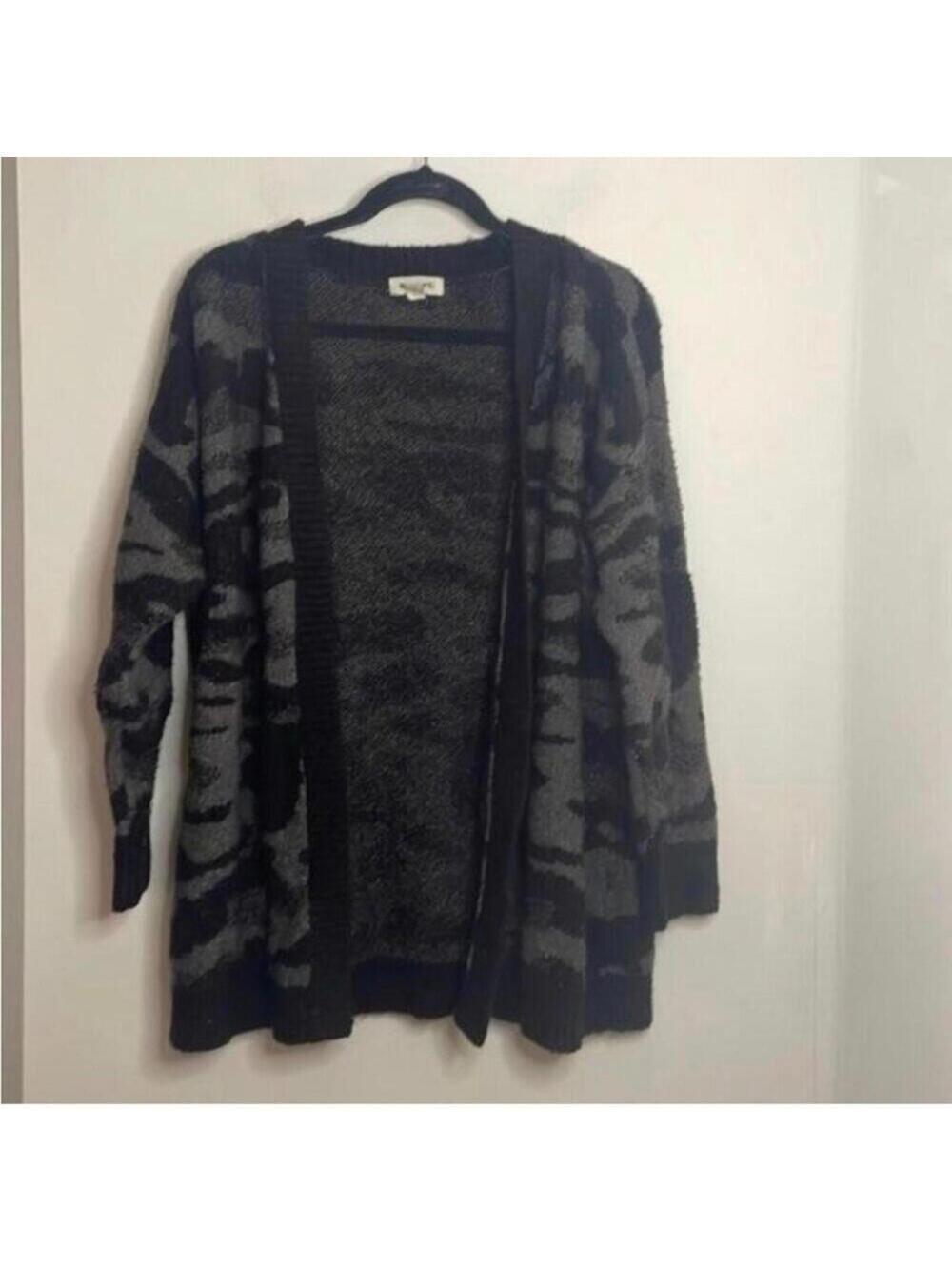 Rag Poets Grey and Black Animal Printed Open Front Stretch Cardigan Sweater
